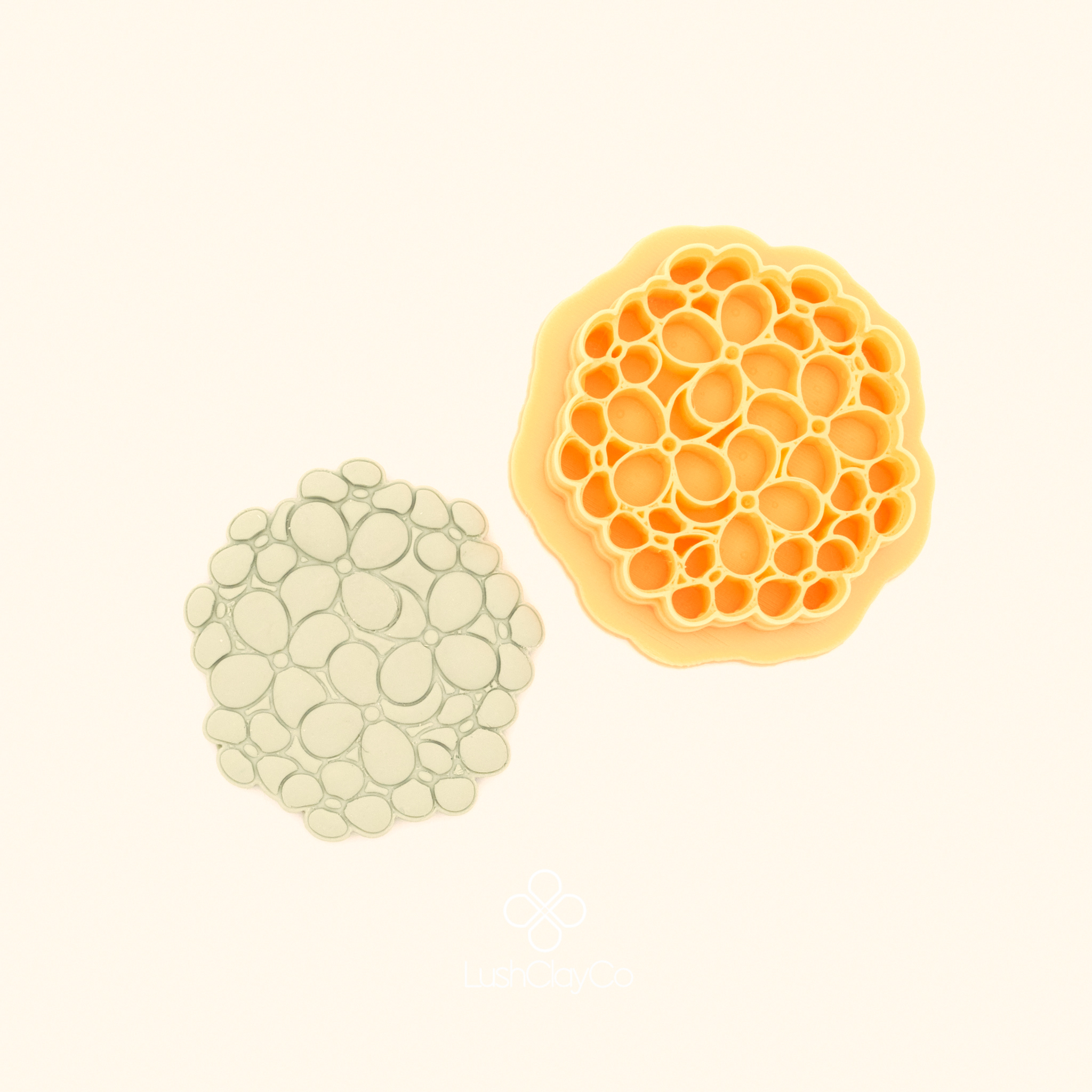 Bahar Cluster botanical polymer clay cutter alongside clay impression showing dense rounded bubble forms packed into a full circular composition