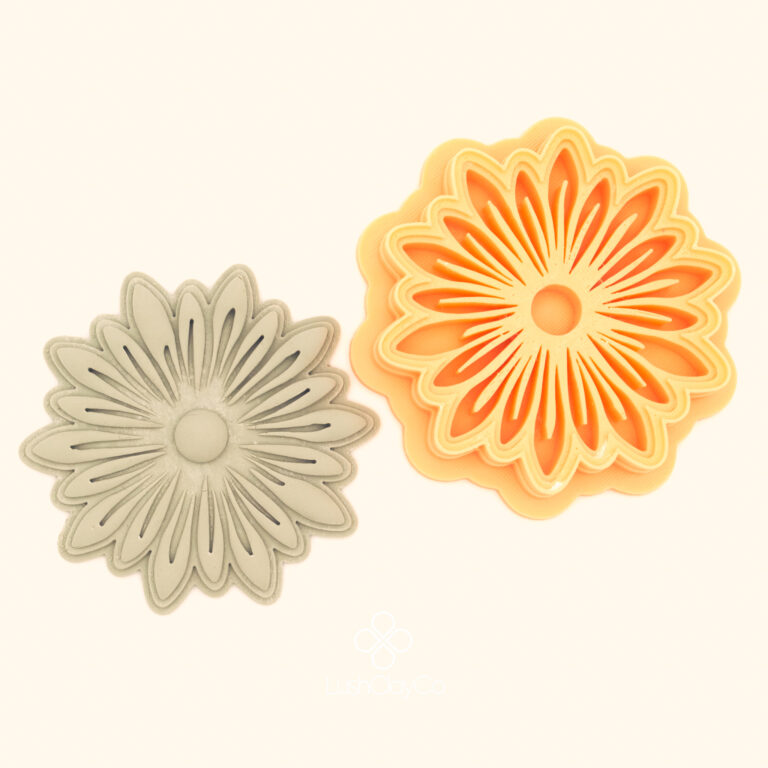 Yıldız Zinnia floral polymer clay cutter alongside clay impression showing two rings of elongated pointed petals radiating from a circular centre