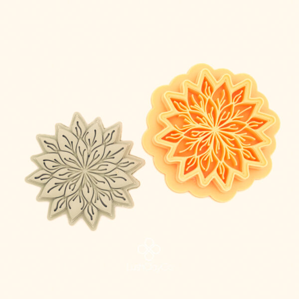 Sultan Flora hatayi polymer clay cutter alongside clay impression showing large multi-layered radial flower with two rings of pointed petals and scalloped outer edge