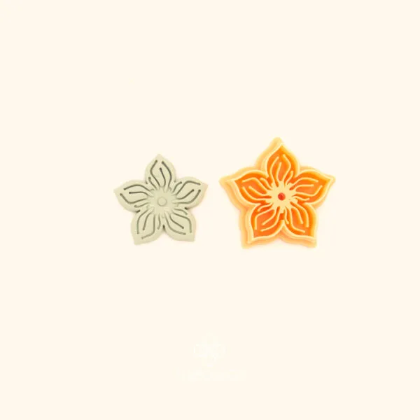 Ahtapot Flora ottoman floral polymer clay cutter alongside clay impression showing five pointed star flower with inner contour petal lines and circular centre