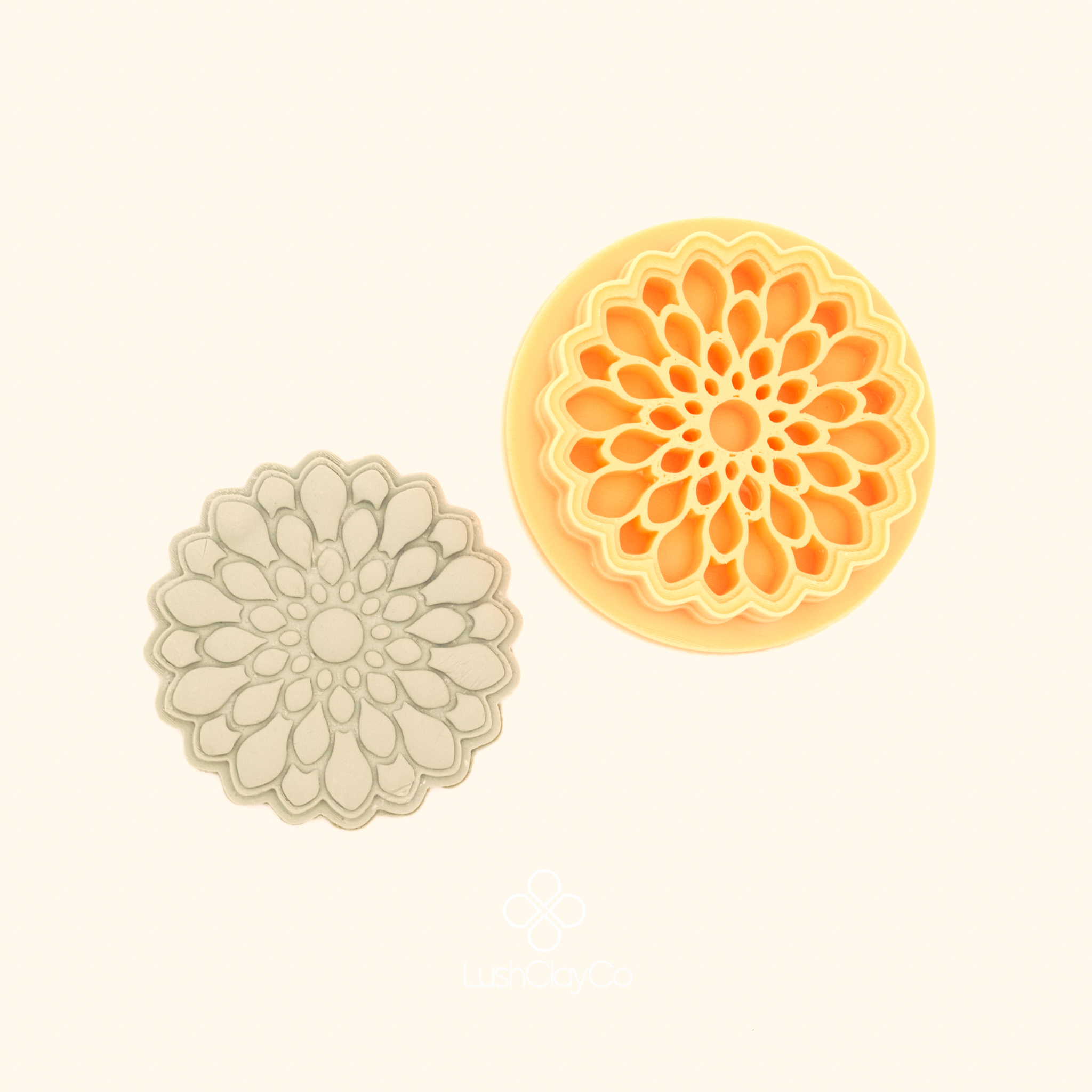 Saray Rosette ottoman polymer clay cutter alongside clay impression showing large circular rosette with multiple rings of teardrop petals spiralling to a centre point