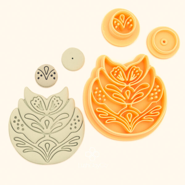 Nesimî penç hatayi polymer clay cutter set showing large botanical cutter, small stud cutter and stud guide alongside clay impressions