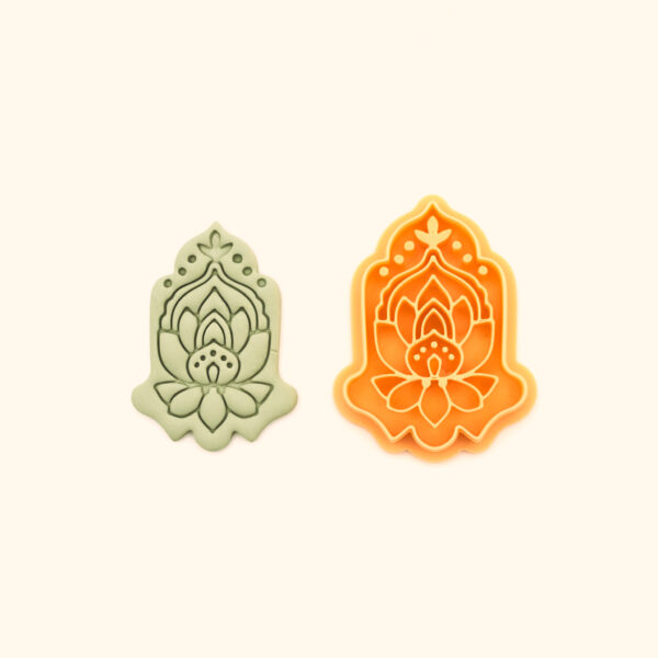 Bereket botanical polymer clay cutter alongside clay impression showing hand shaped silhouette with lotus bloom base, layered petal forms and dotted crown detail